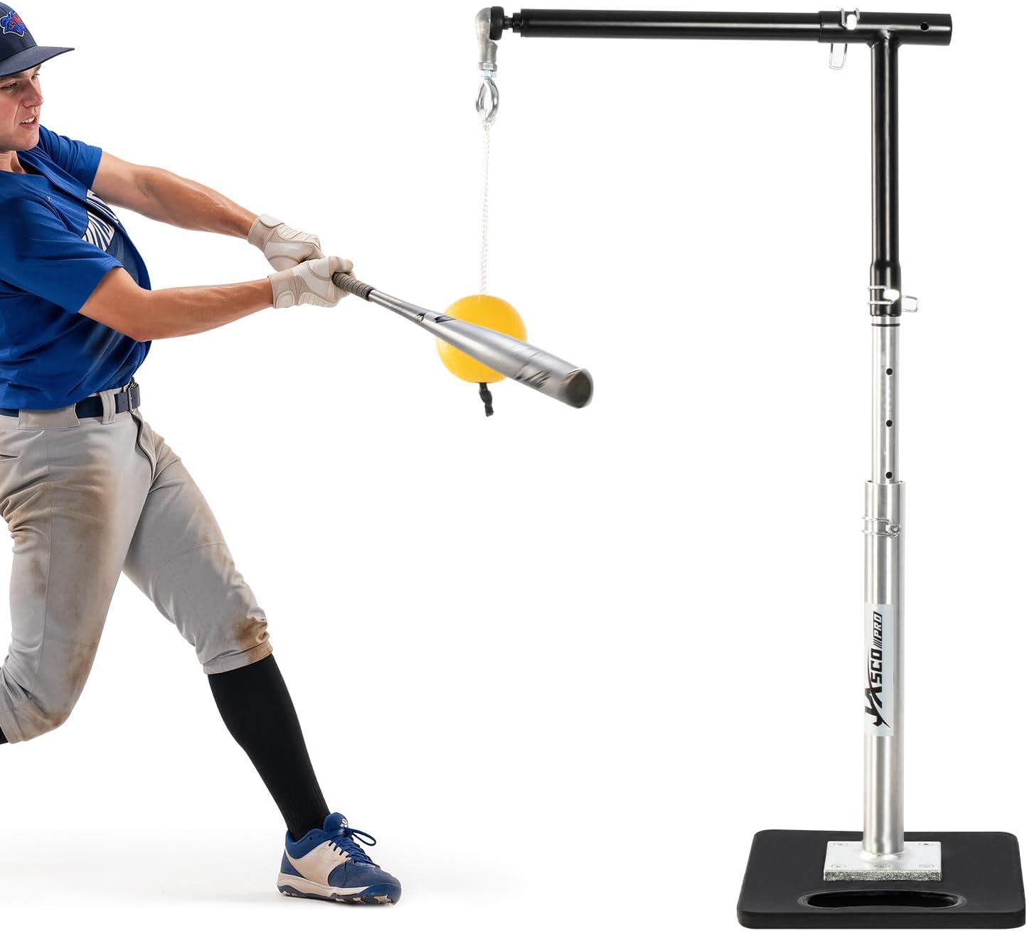 Adjustable Baseball Hitting Trainer with Solid Metal Base, Aluminum Pole Batting Trainer with Ball and Cord, 10–33 Inch Height Adjustable Swing Trainer for Baseball & Softball Practice