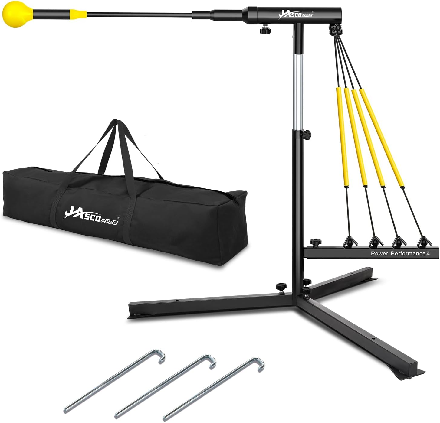 Baseball and Softball Swing Trainer with 4 Power Bands for Solo Practice | Height Adjustable 31-47 inch For Youths & Adults Hitting Swing Batting Drills
